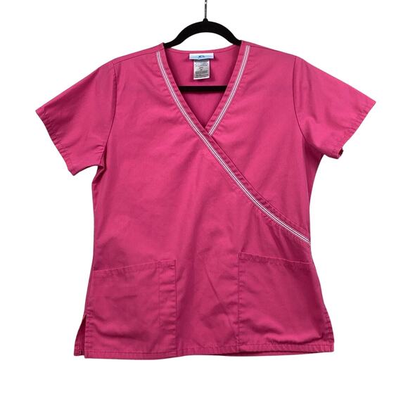 Medical Scrubs Top Womens XS Pink Short Sleeve V Neck Overlap Front Pockets - Picture 1 of 8